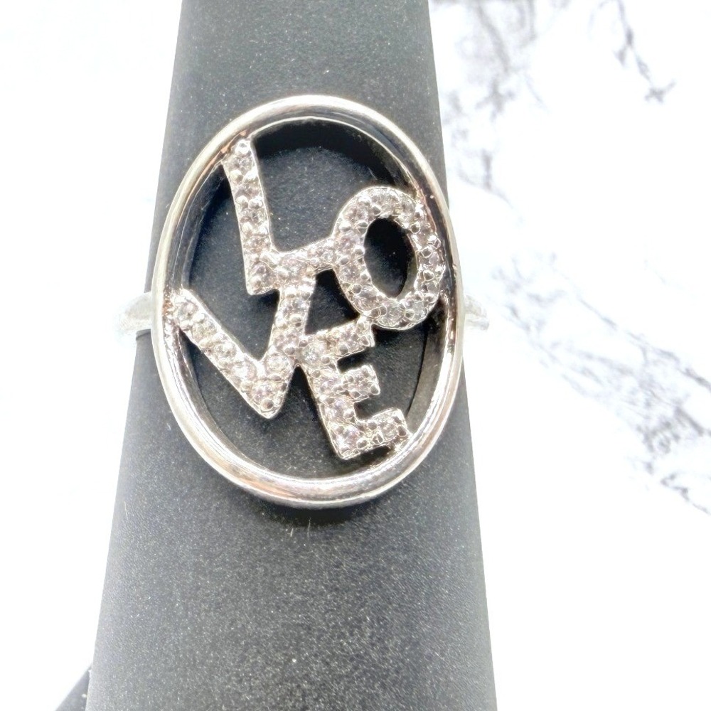 Silver Tone LOVE Spell Out Rhinestone Statement Ring Size 6